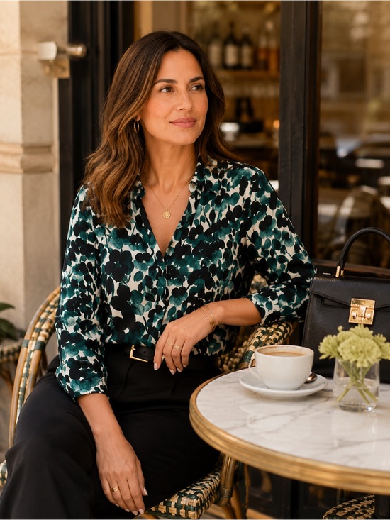 Worthington Tops - Worthington Teal and Black Floral Button-Down Blouse